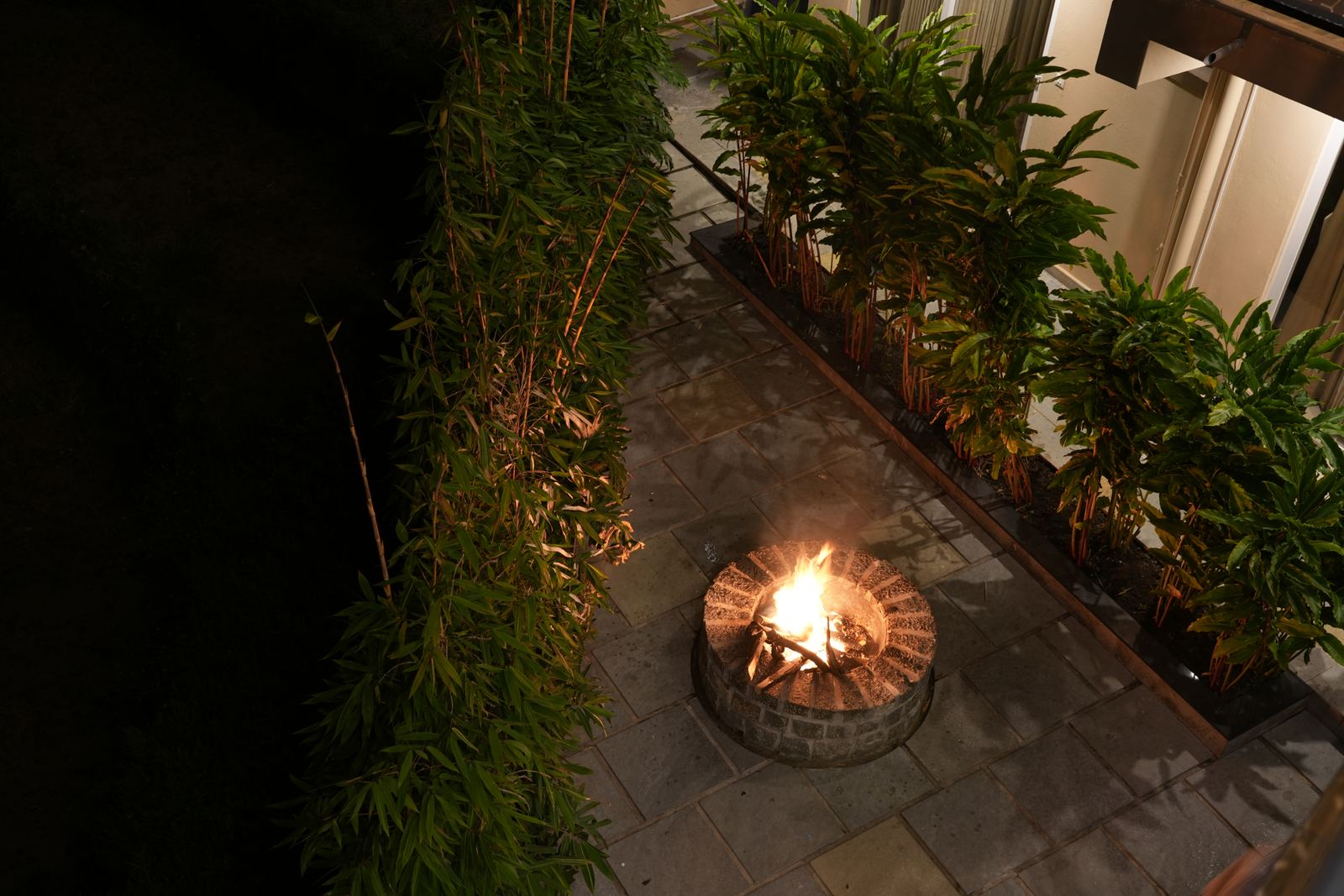 The garden firepit lit at night, its stone ring glowing between rows of bamboo.