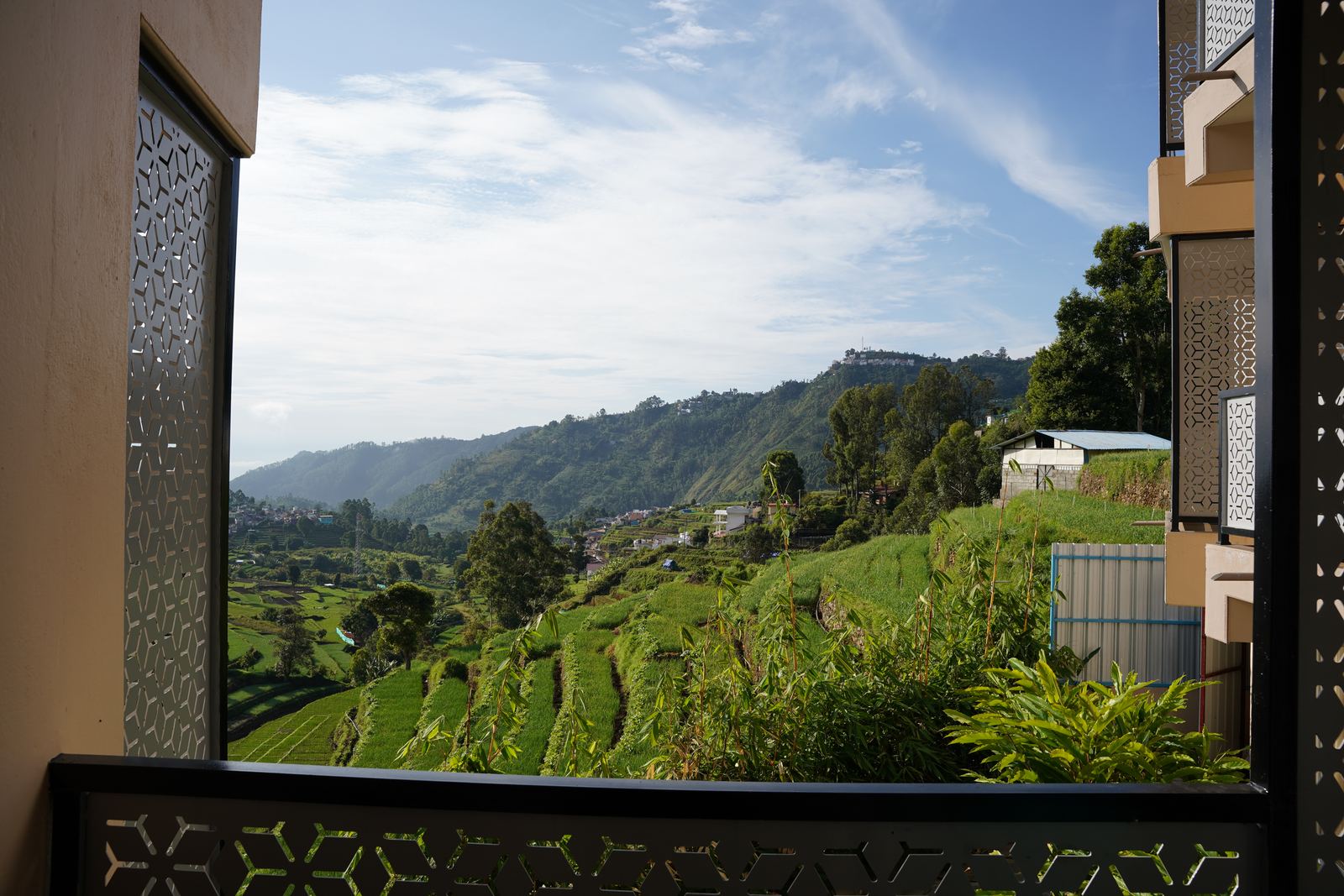 Layered green terraces stepping down the valley, seen from a room's balcony rail.